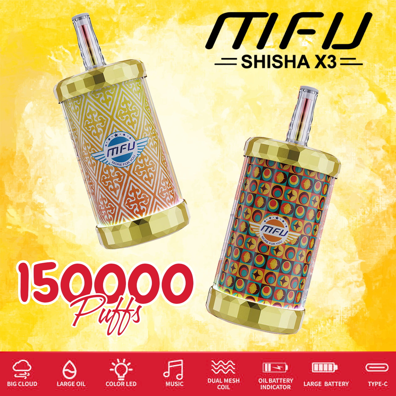 MFU SHISHA X3 Hookah Disposable Vape Kit 150000 puffs vapebartime.com MFU SHISHA X3 Hookah Disposable Vape Kit 150000 puffs vapebartime.com